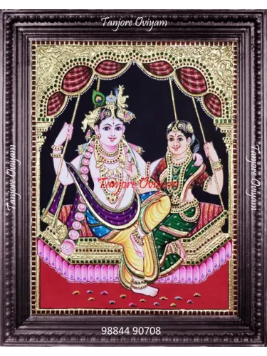 Radha and Krishna on a Swing Tanjore painting unjal gold foil traditional artwork